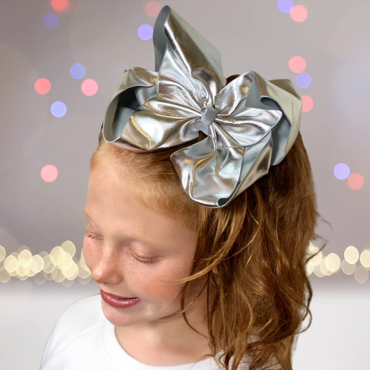 Girls 8 inch Metallic Grosgrain Boutique Hair Bow on Alligator Clip