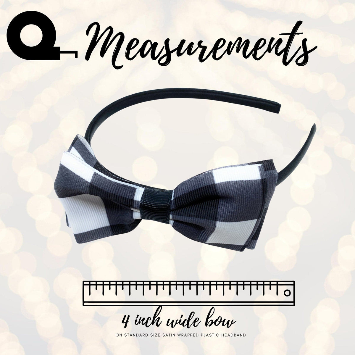Girls Buffalo Check Plaid Lumber Jack Print Bow Headband, Black and White Plaid