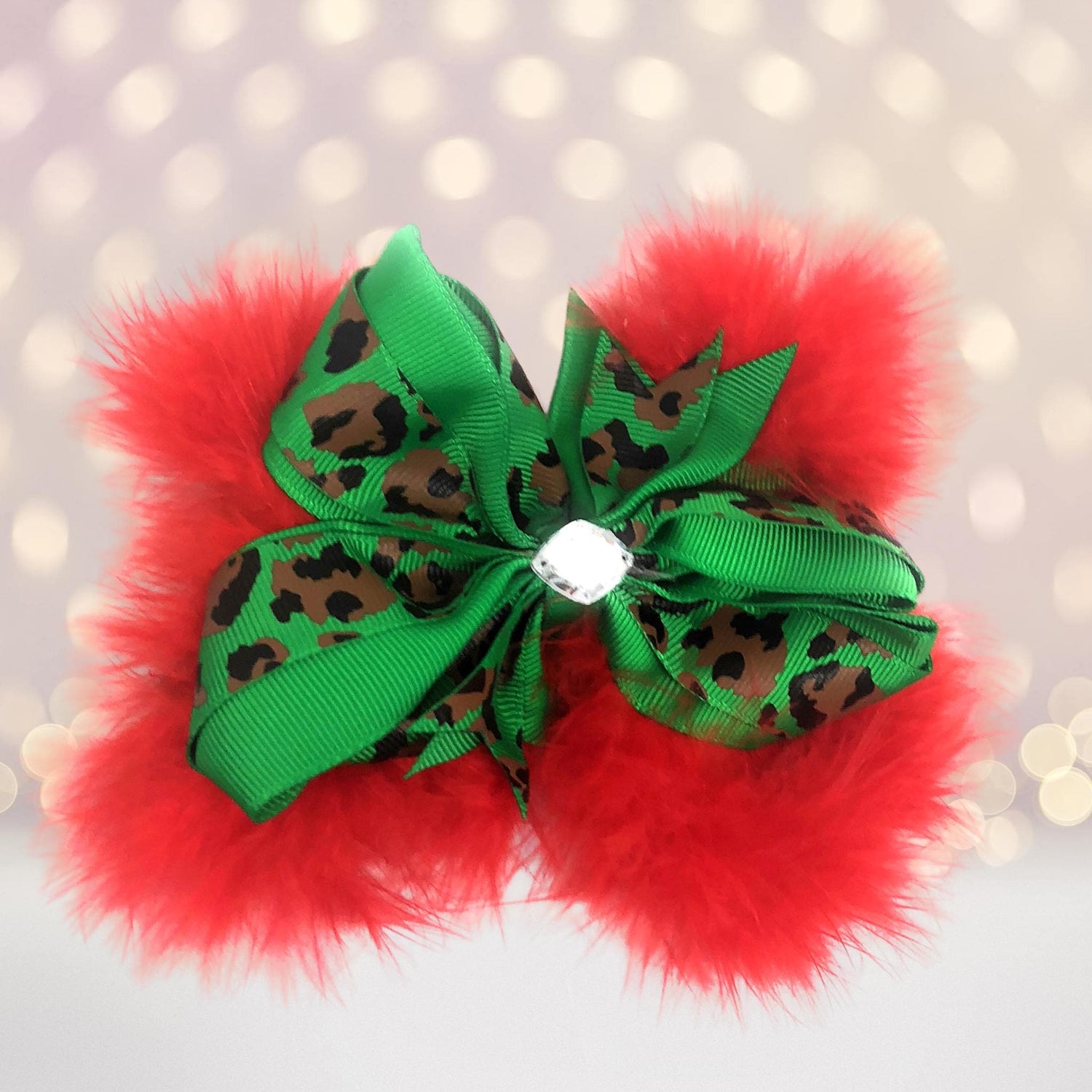 Girls Marabou Leopard Christmas Hair Bow
