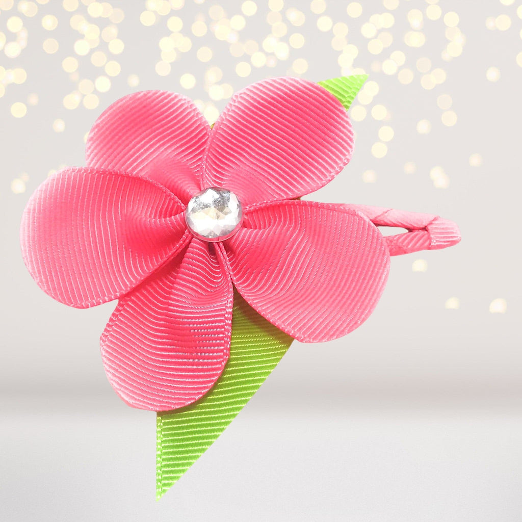 Girls Ribbon Hair Flower on Snappy Clip - Hot Pink