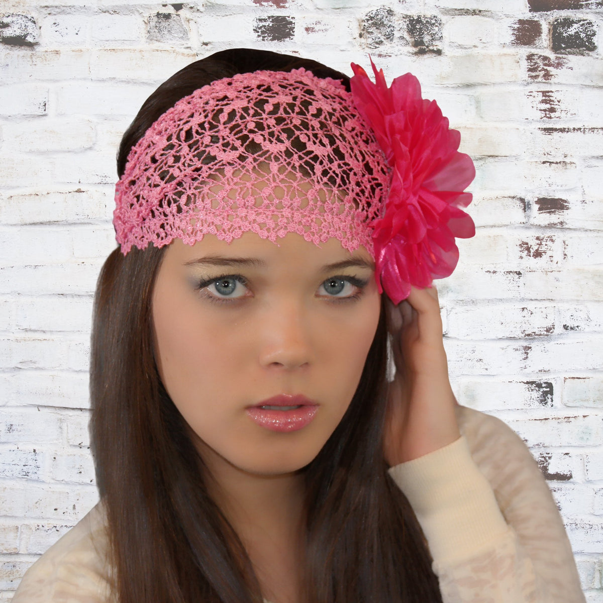 hot pink Crochet Lace Headwrap on model