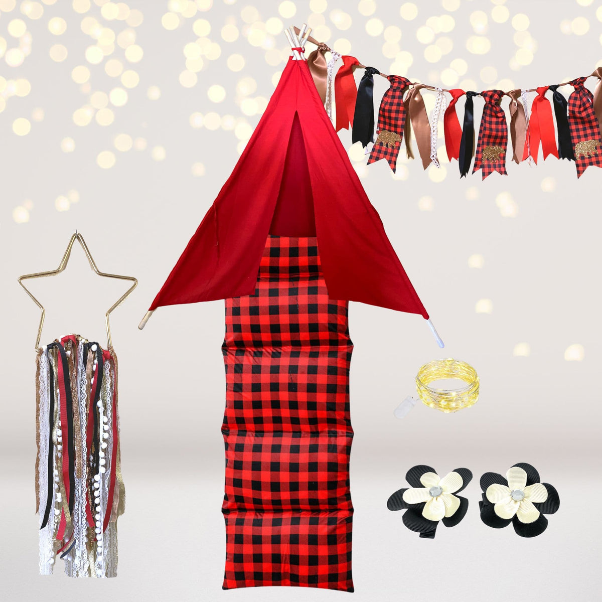 Play Set - Red And Black Buffalo Plaid Teepee Tent Play Set, Buffalo Plaid Holiday Decor