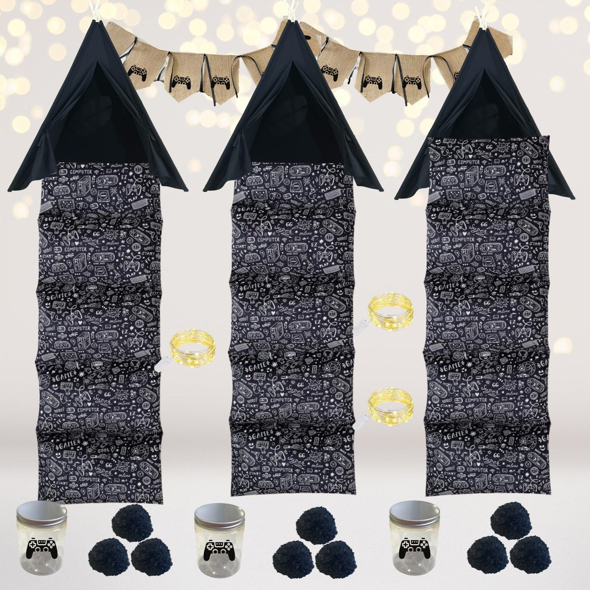 Party Bundle - Retro Video Gamer TeePee Tent Party Sleepover In A Box-retro black and white
