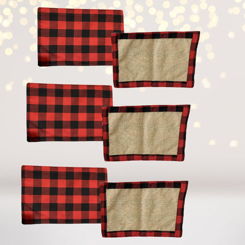 Red and Black Buffalo Check Print, With Faux Burlap, Placemats And Table Runner