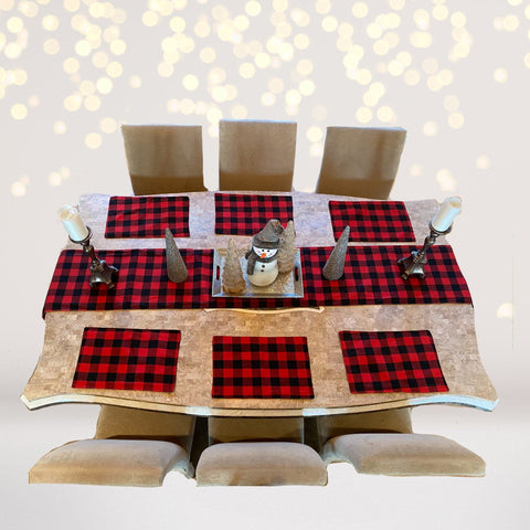 Red and Black Plaid Table Runner and Placemats with Burlap Accent