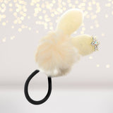 Hairband - Snow Bunny Pom Pom Fur Ball Hair Elastic Ponytail Holder With Rhinestone Snowflake