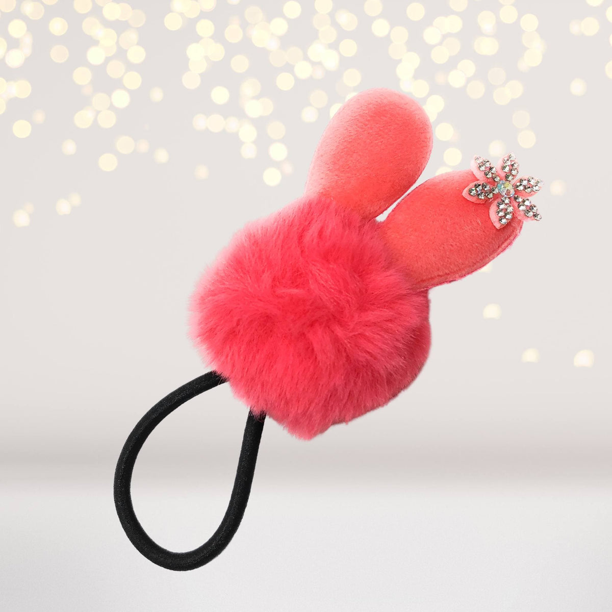 Hairband - Snow Bunny Pom Pom Fur Ball Hair Elastic Ponytail Holder With Rhinestone Snowflake