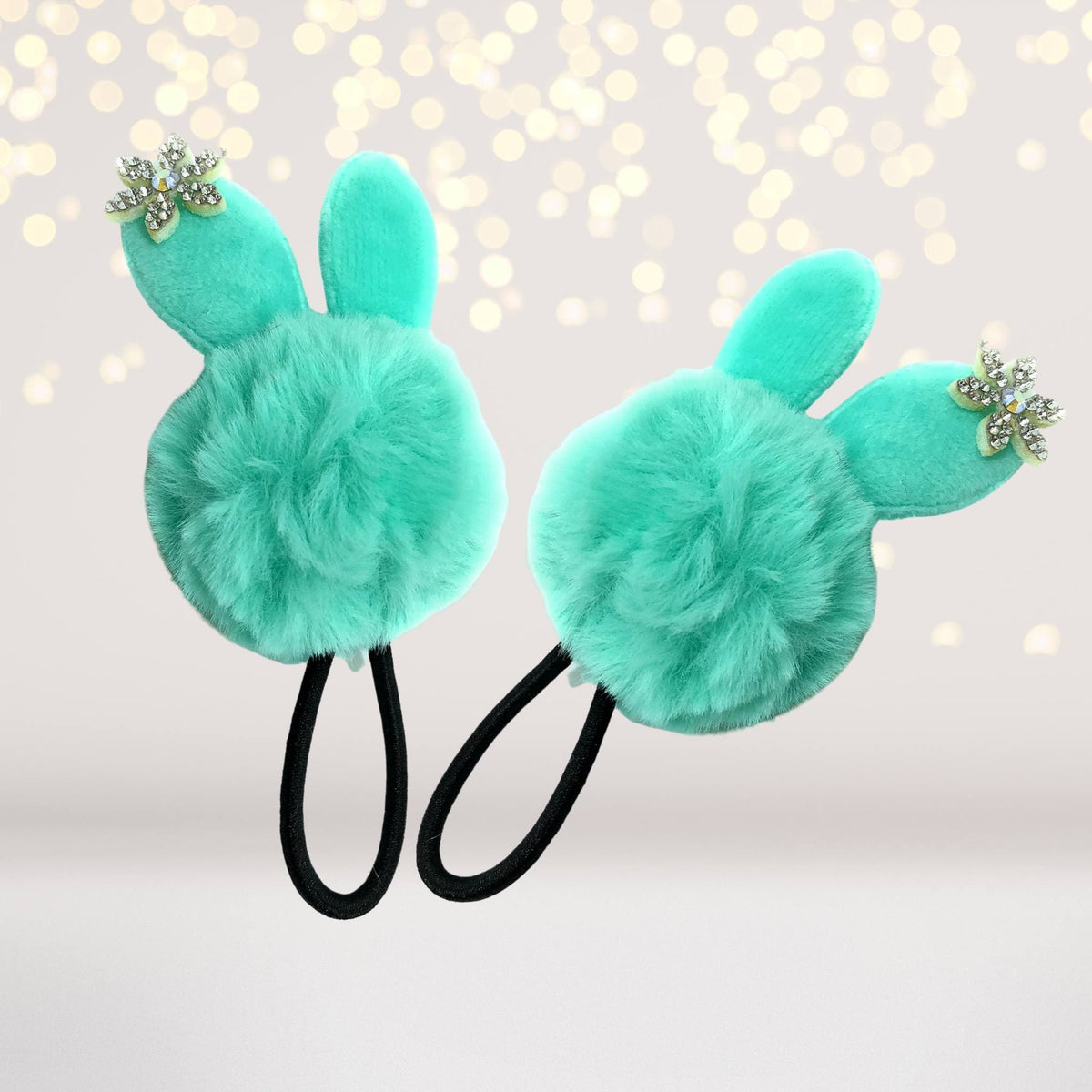Hairband - Snow Bunny Pom Pom Fur Ball Hair Elastic Ponytail Holder With Rhinestone Snowflake